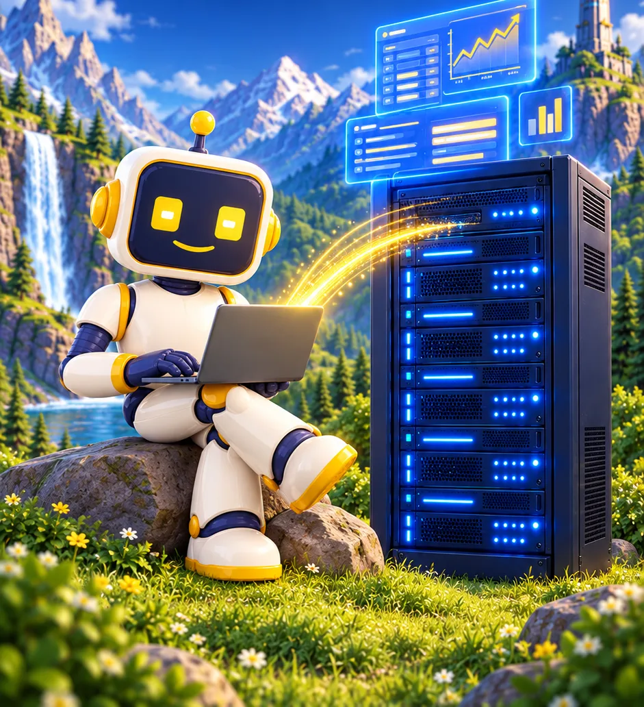 Das Maskottchen arbeitet am Laptop, der per Lichtstrahl mit einem Server verbunden ist